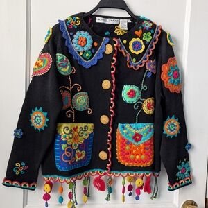 Michael Simon Vintage Wearable Art floral Cardigan Sweater Size 2